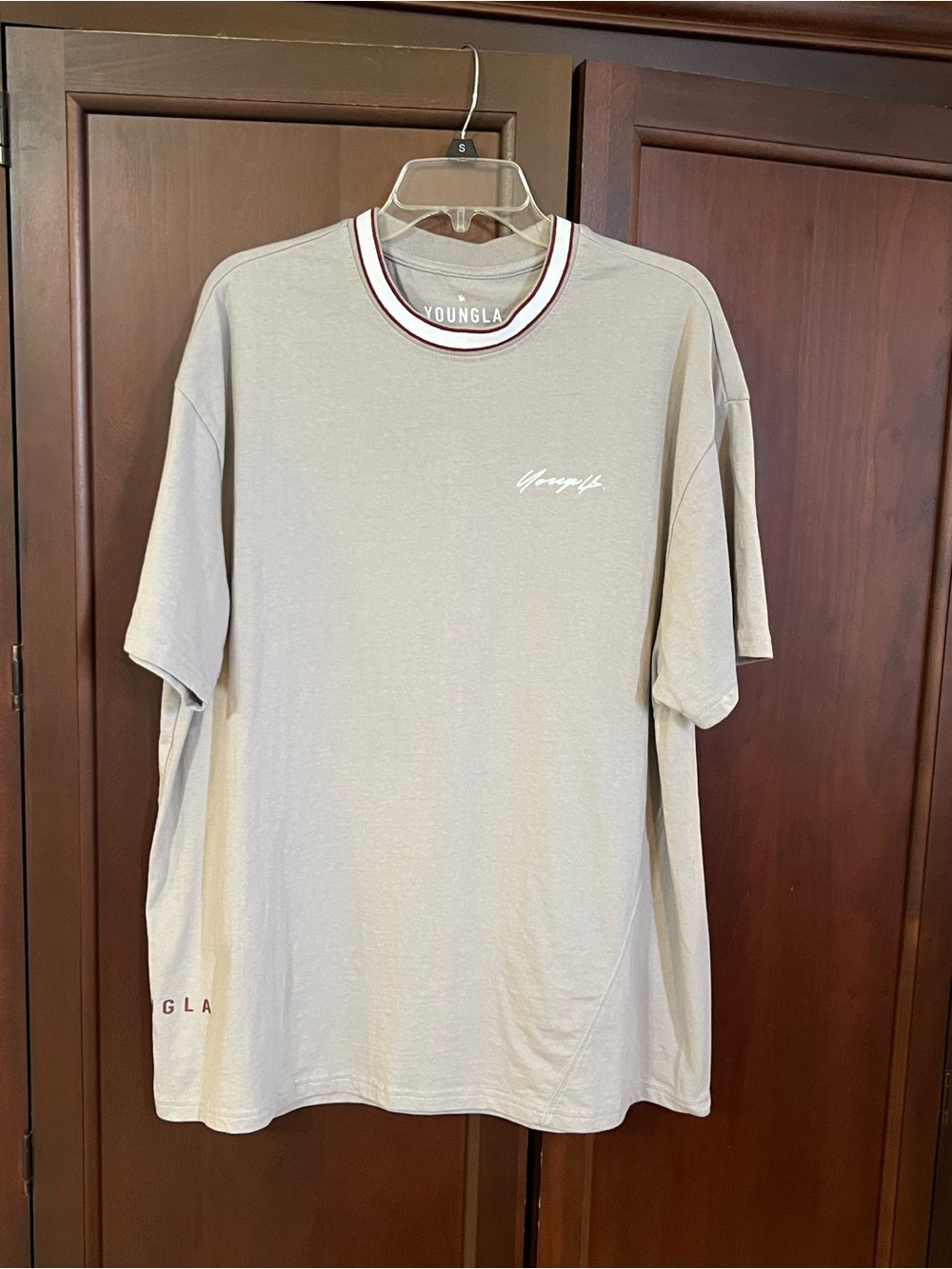 YoungLA Beige T‑Shirt with Maroon Trim